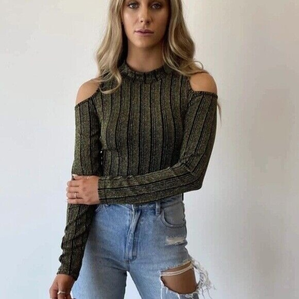 Dream Bandits S Tell Me‎ Gold Metallic Stripe Cold Shoulder Bodysuit Mock Neck